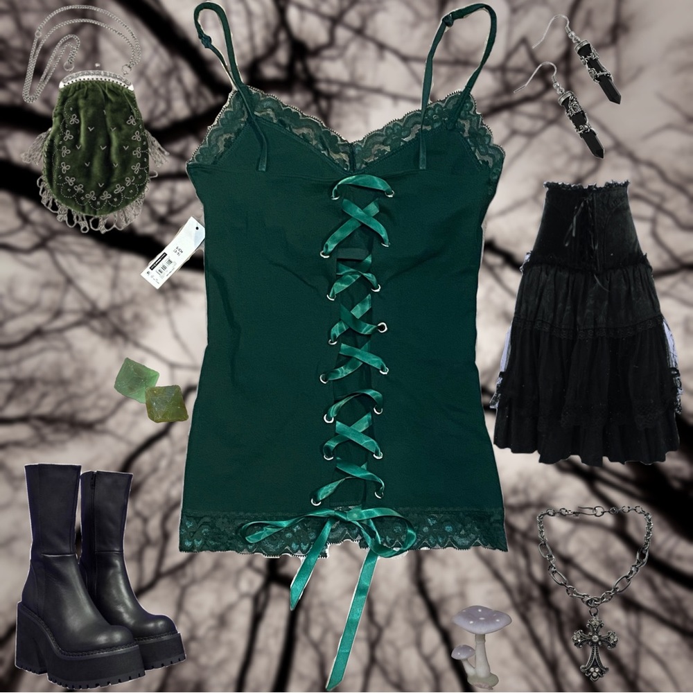 DONATED - NWT D.I.Y Lace Up Forest Green Cami Tank Top - Picture 1 of 6